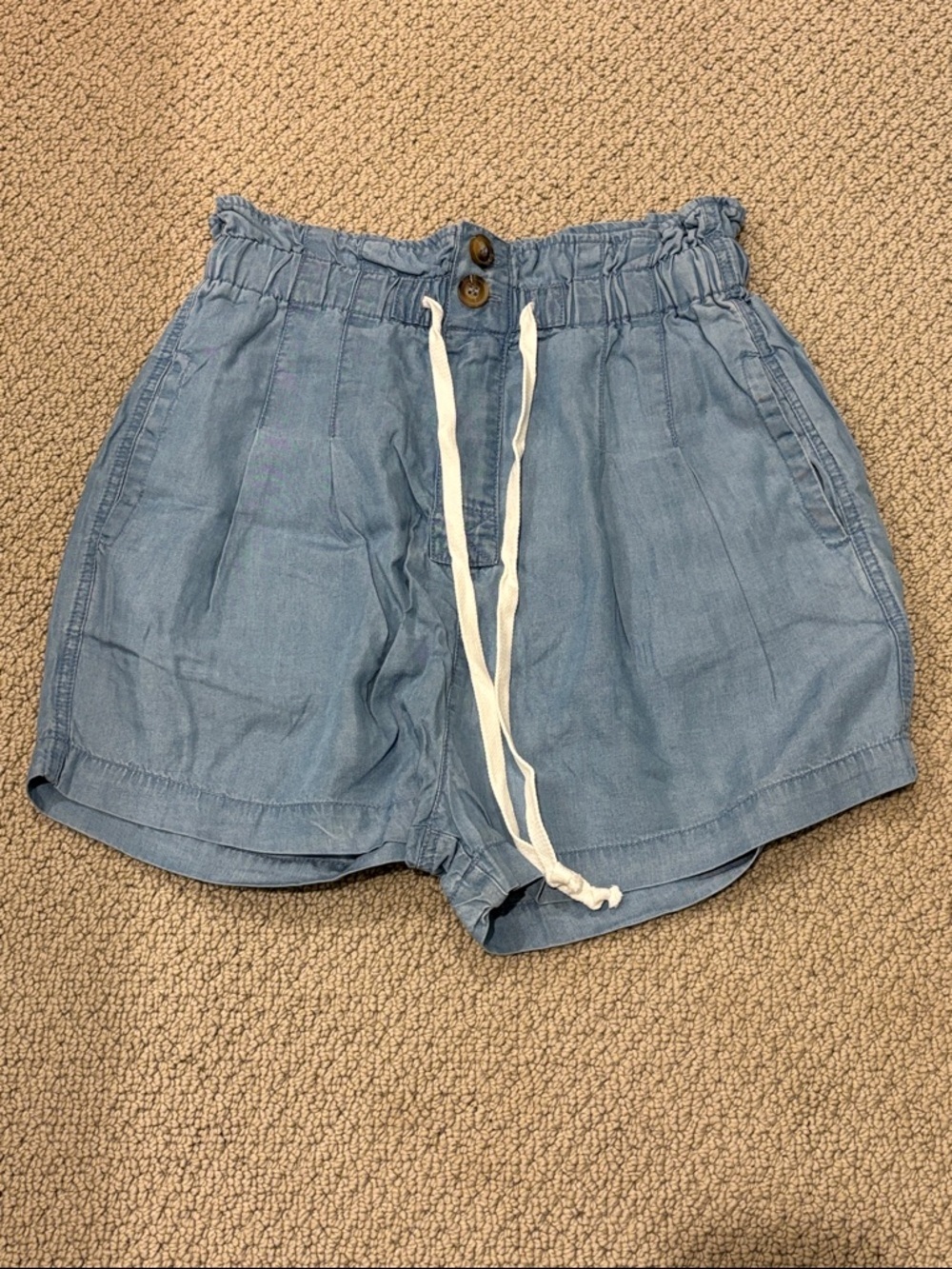 Zenana Women's Blue Chambray Paperbag Waist High Rise Lyocell Shorts Medium